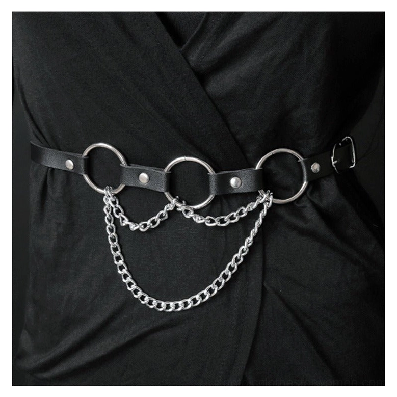 Black faux leather chain waist harness alternative fashion accessory, complete product showcase highlighting gothic styling and metal chain elements
