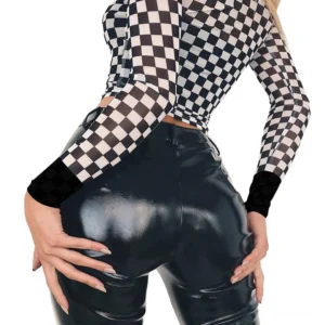 Black checkerboard mesh long-sleeve crop top – back view on model wearing faux leather pants, sheer mesh construction, fitted gothic aesthetic