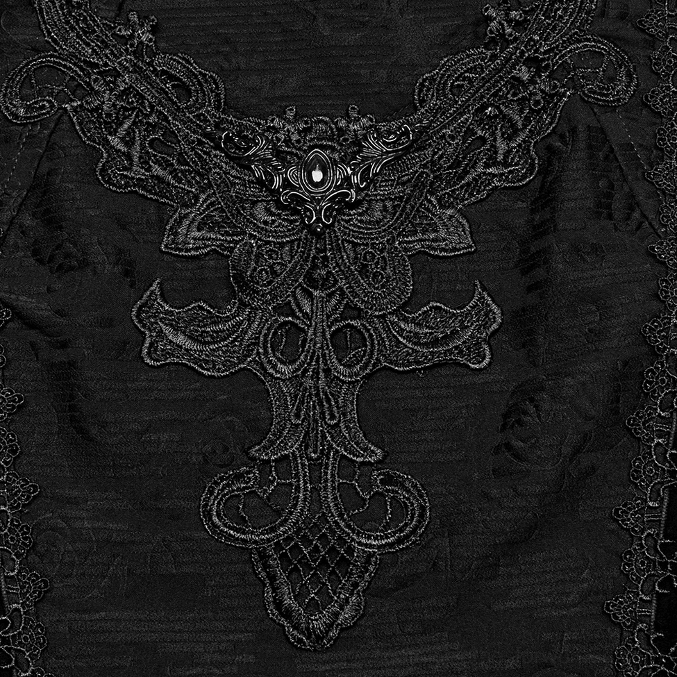 Black gothic cheongsam dress back flat view with rose jacquard fabric pattern