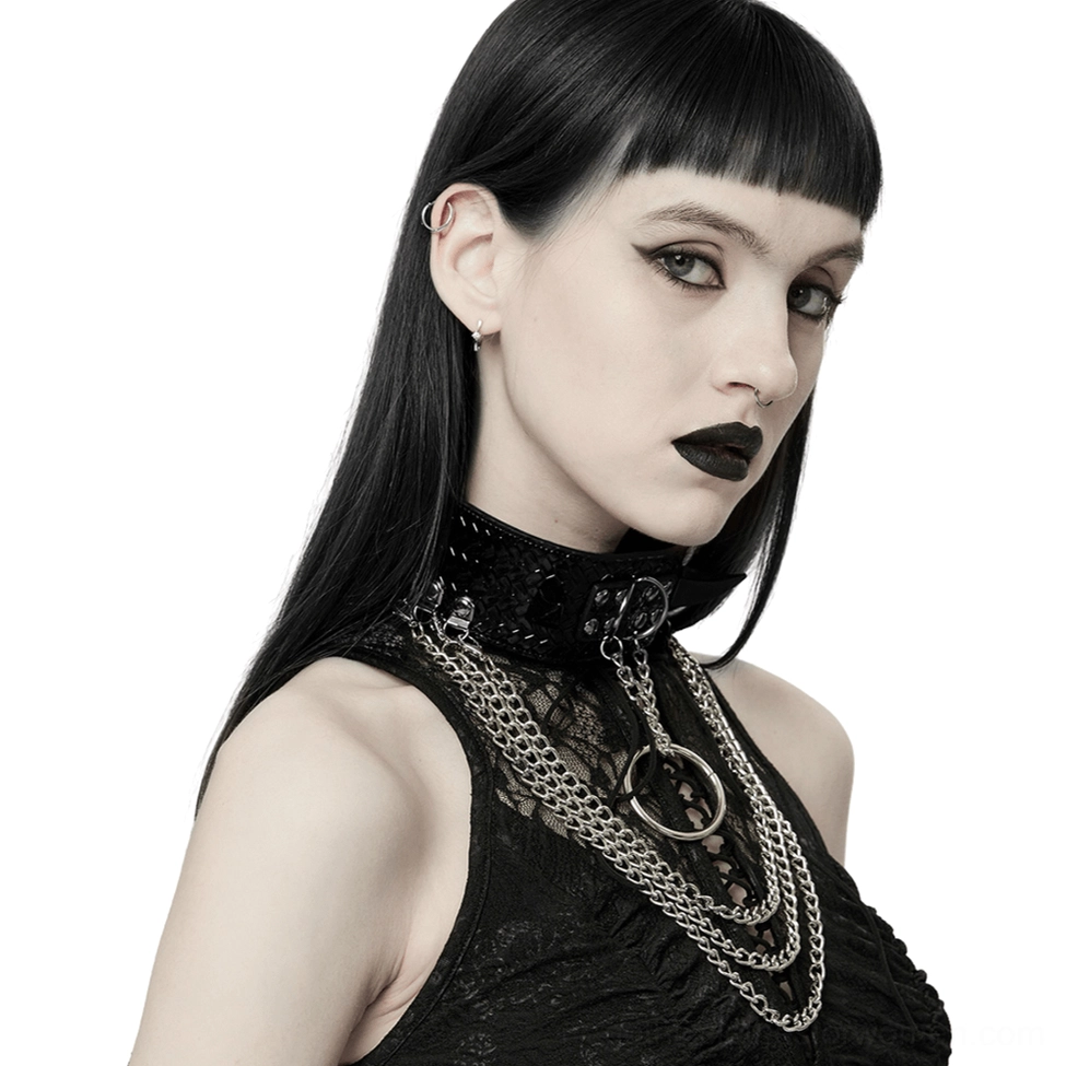 Layered silver chain gothic choker side profile view on model, showcasing multi-strand chain design and texture