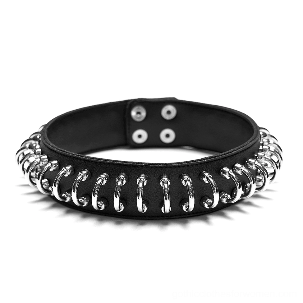 Black leather choker with silver metal rings flat lay display on white background