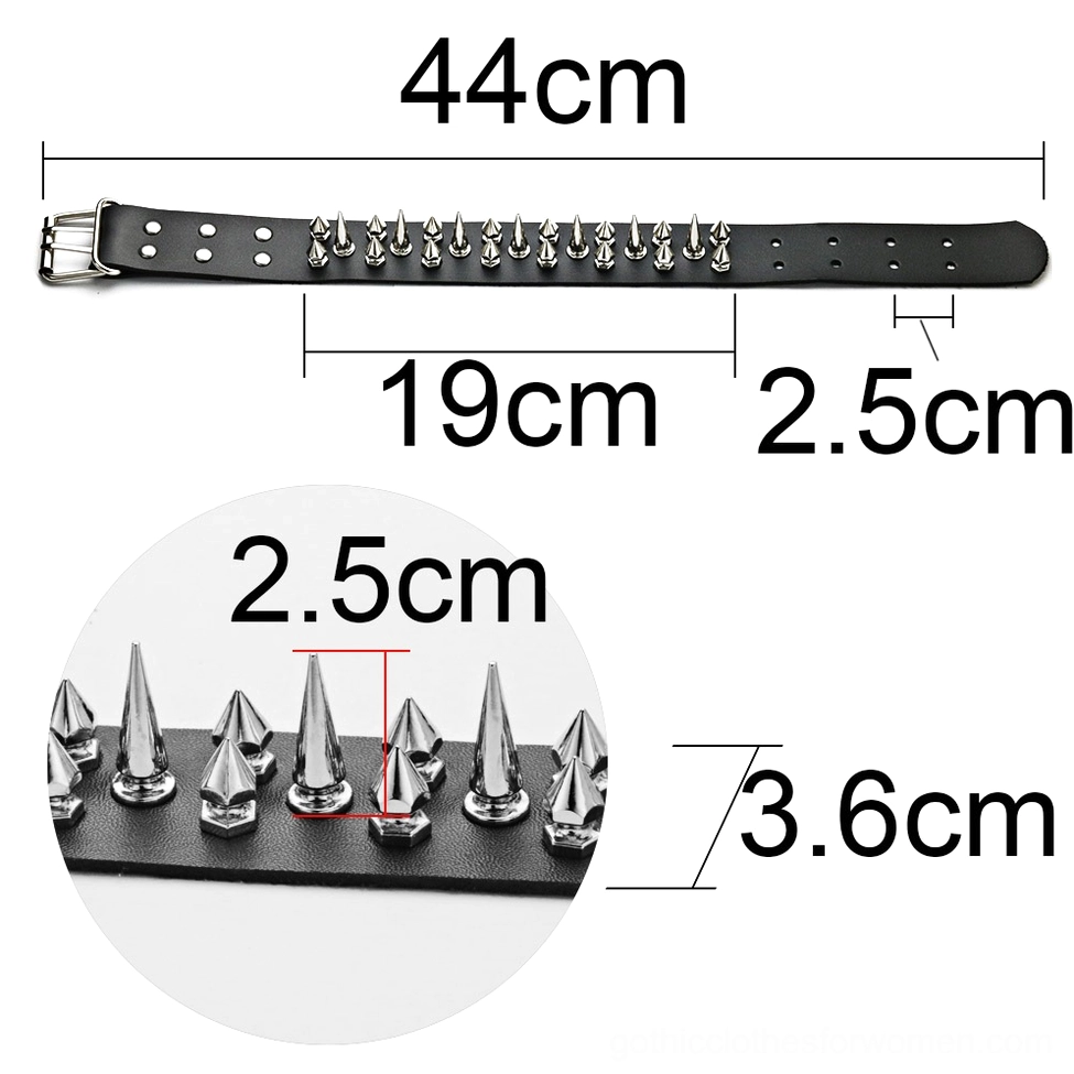 Black spiked choker size reference flat lay showing 44cm total length, 3.6cm strap width, and spike height dimensions