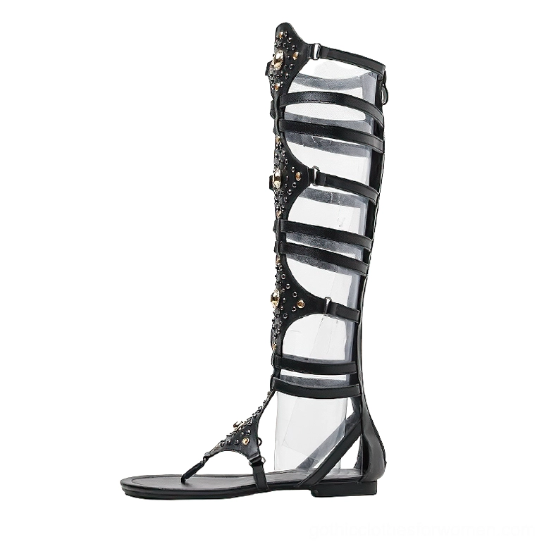 Black Gladiator Sandal with Circular Cutout Straps and Rhinestone Decoration - Profile View