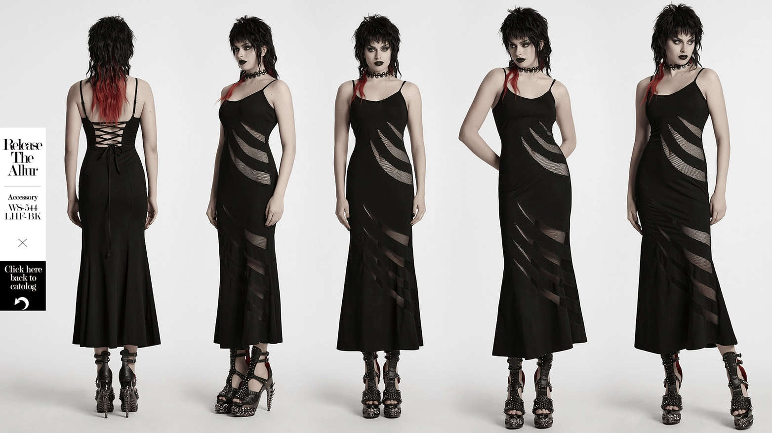 Full-length front view of black asymmetric claw slash gothic slip dress with mesh panels and dramatic silhouette