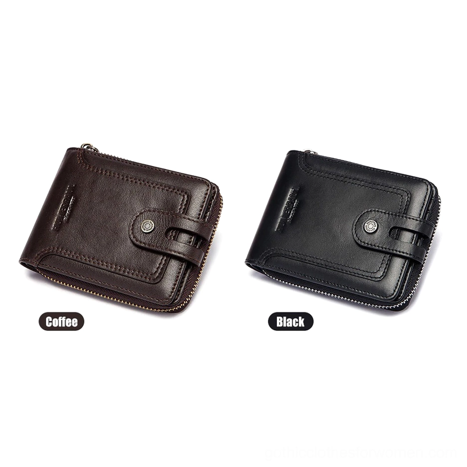 Black and coffee brown genuine leather gothic wallets color comparison flat lay display