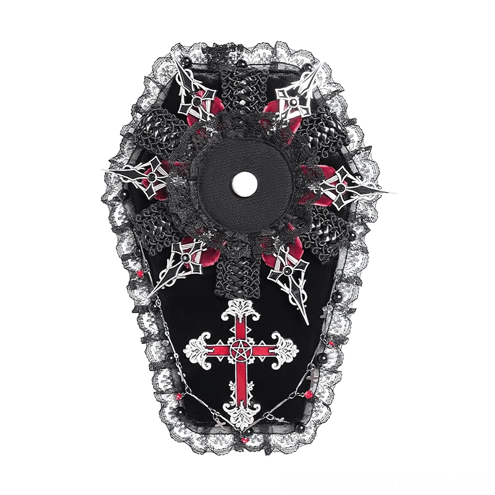 Black velvet coffin-shaped brooch with silver pentagram cross and lace trim, flat lay front view showing complete badge holder design
