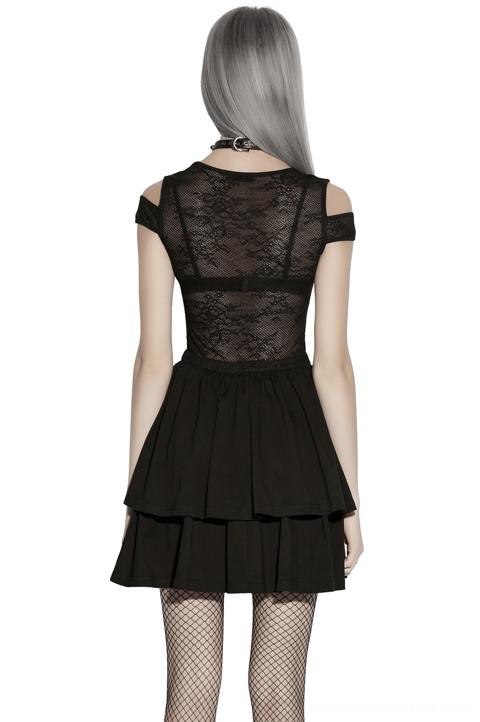 Gothic lace mini dress back view showing open lace design and layered ruffle skirt