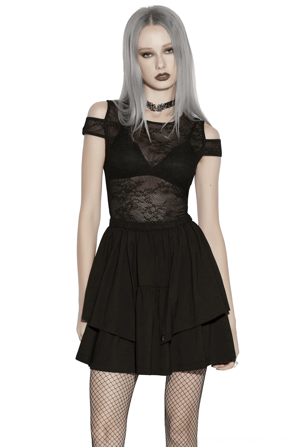 Black cold shoulder lace mini dress front view with tiered ruffle skirt and sheer lace bodice