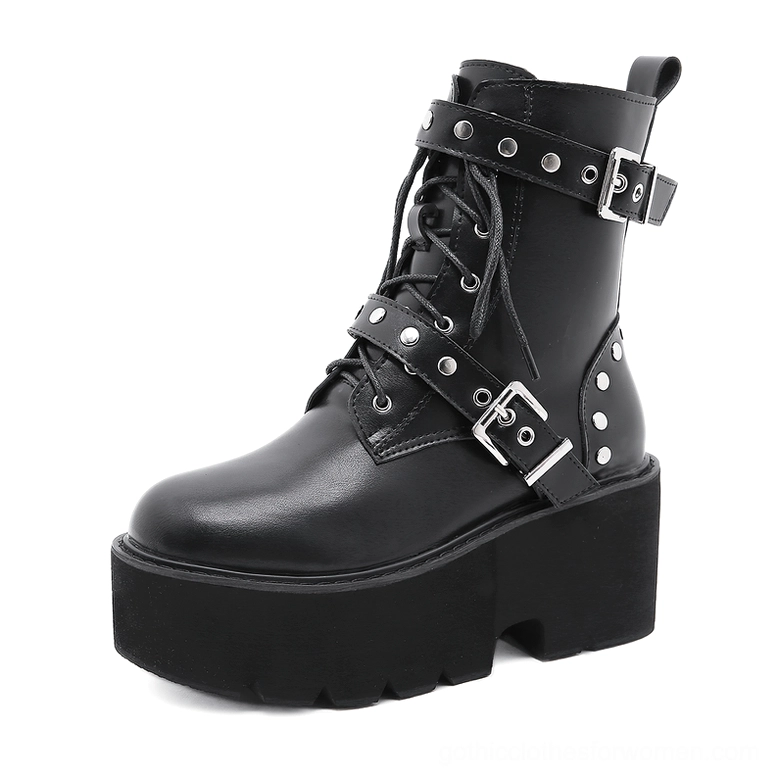 Black steampunk platform combat boots with adjustable buckles, left side three-quarter view showing heel and platform construction