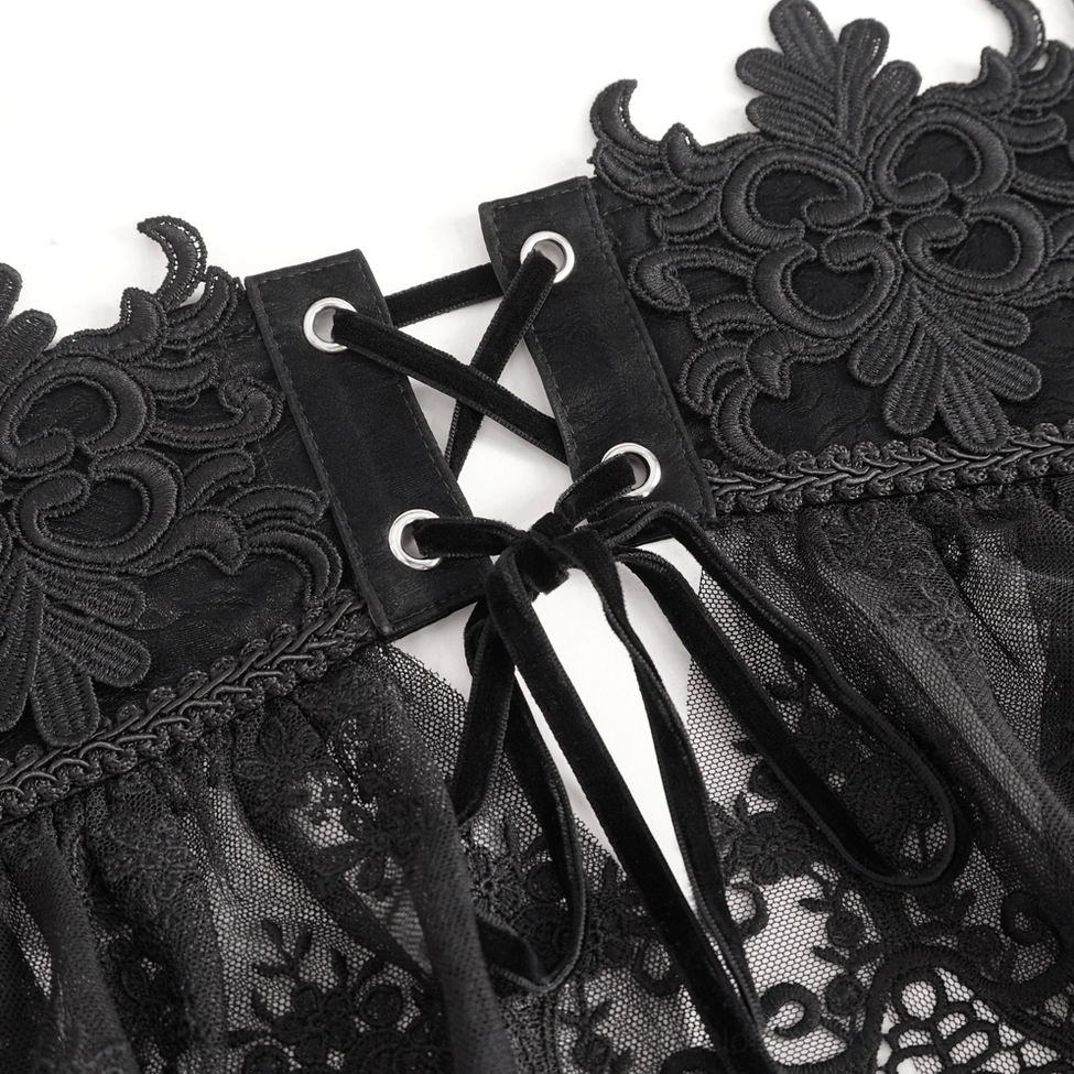 Back close-up detail of black lace corset showing velvet lace-up ties with metal eyelets and sheer mesh fabric base