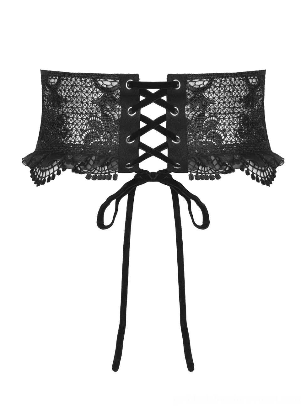 Back flat lay view of black gothic corset belt showcasing cross-front lace-up design and long satin ribbon ties for adjustable fit