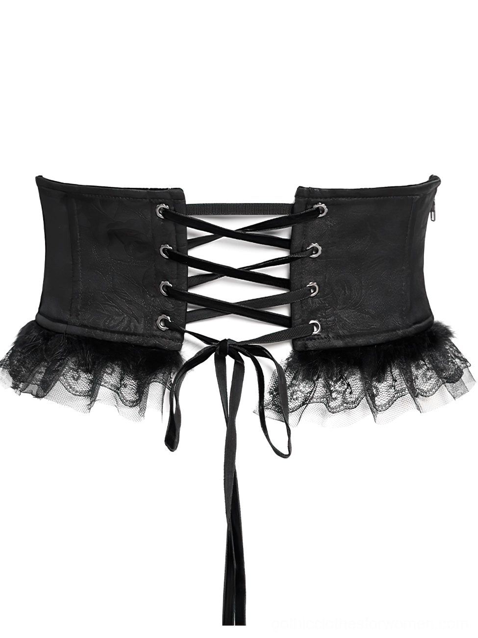 Black gothic lace-up corset belt back flat view highlighting criss-cross velvet laces, long tie straps, and tulle hemline edge detail