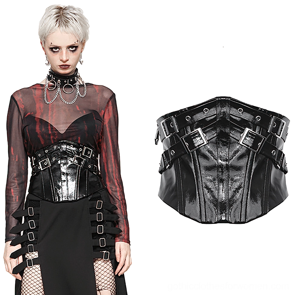 Flat lay product shot of black leather corset belt showing silver square buckles and metal rivets