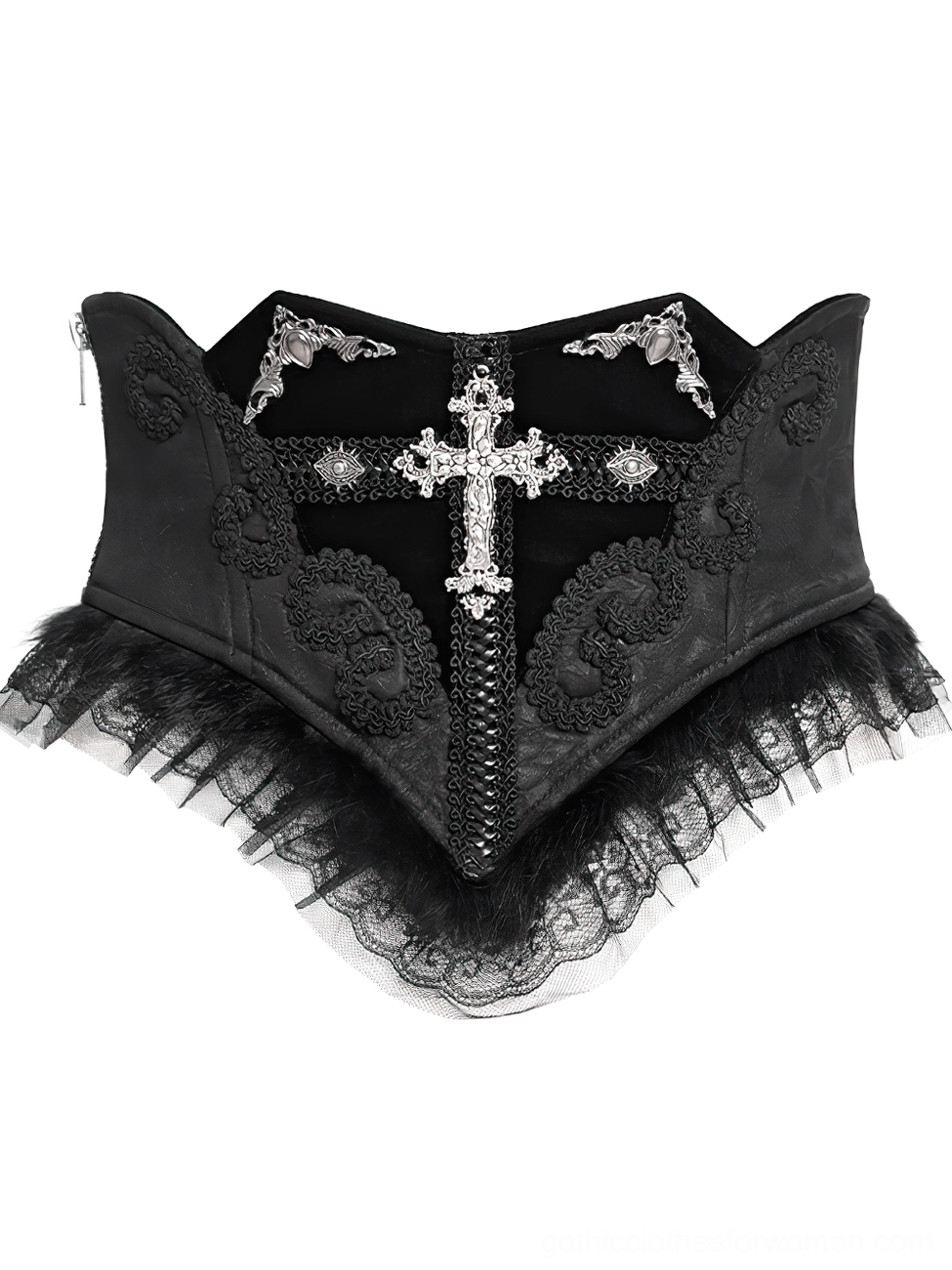 Black lace corset belt front flat lay view featuring ornate silver cross stitching, tulle fur hem, and embroidered lace details on product shot