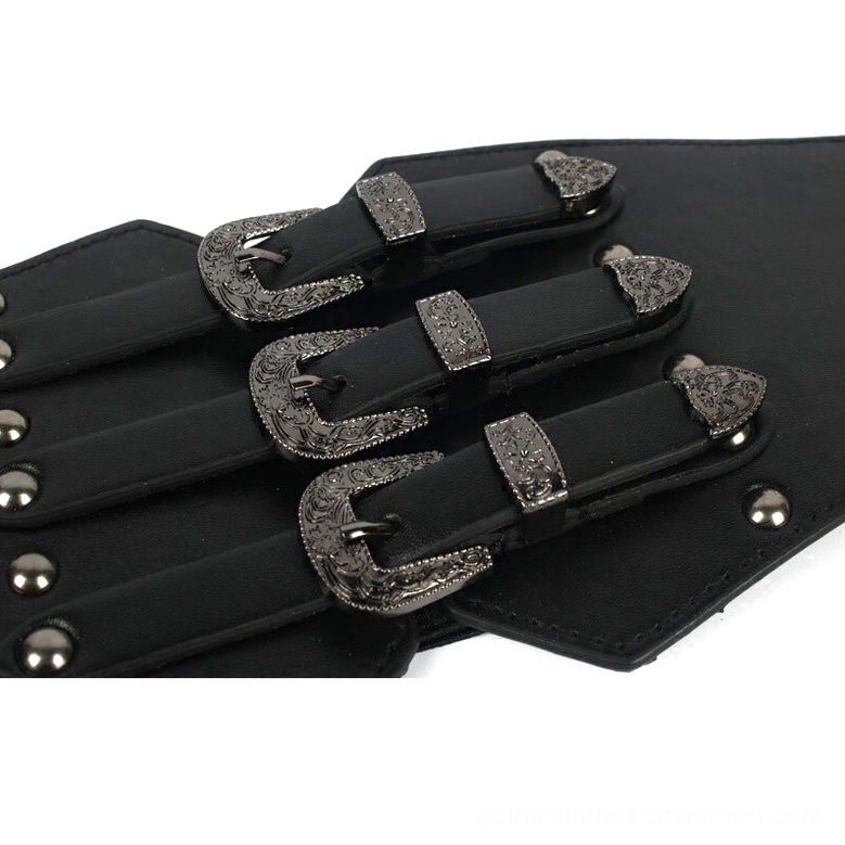 Black Gothic Corset Belt Detail Close-Up - Engraved Buckles and Layered Leather Strap Structure