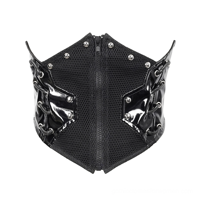 Black woven corset belt with dual lace-up sides and silver metal rivets, front flat lay view