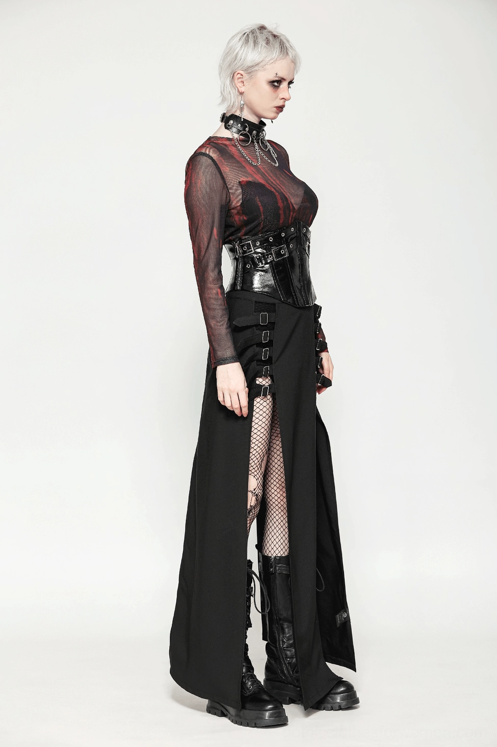 Corset belt flat lay showing overall silhouette, adjustable closure system, and gothic fashion aesthetic