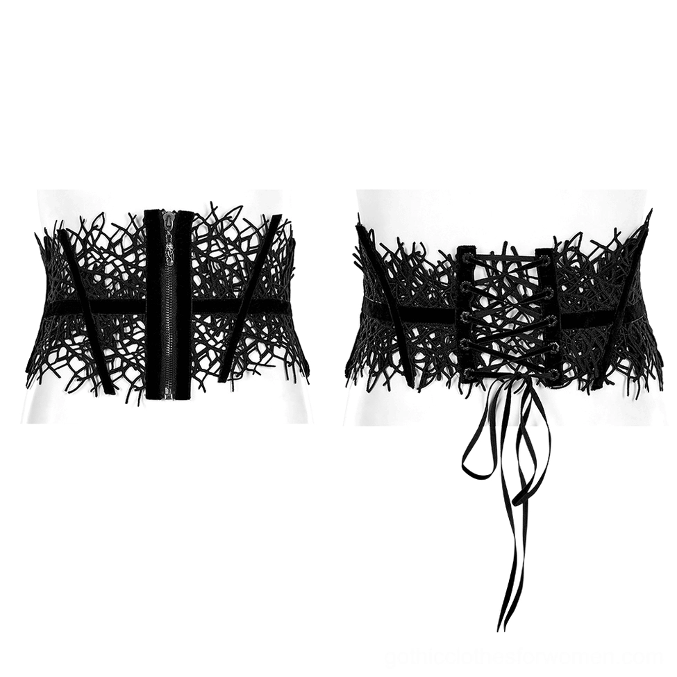 Black corset belt flat lay front view showing metal zipper closure, velvet cross straps, and hollow vine lace texture