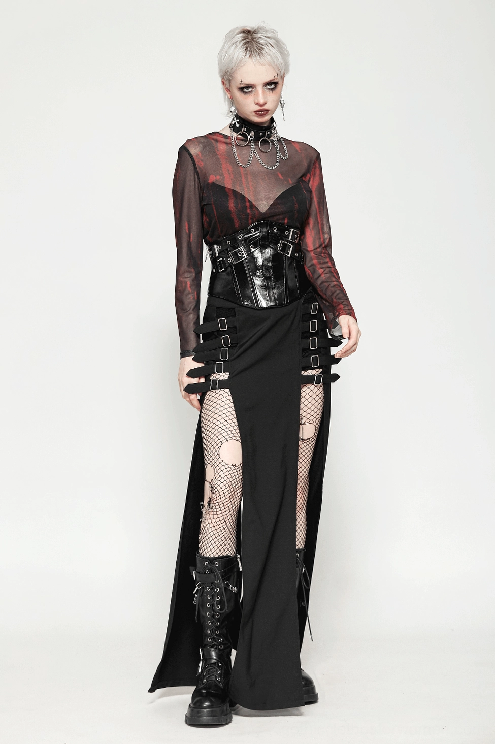 Close-up product shot of black corset belt highlighting glossy leather finish and metal rivet details
