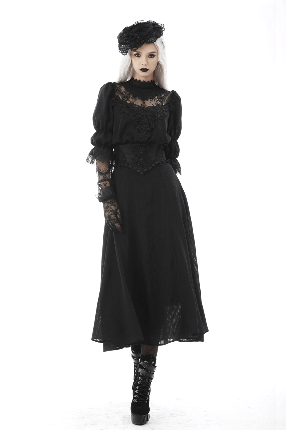 Black gothic corset belt styled presentation highlighting dramatic silhouette enhancement and dark elegance in fashion context