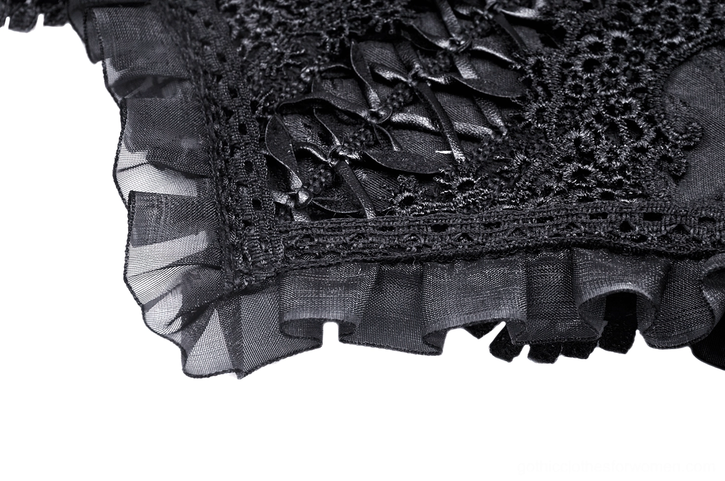 Black gothic corset belt layered styling detail showing how adjustable ribbon lacing creates personalized waist cinching and silhouette control
