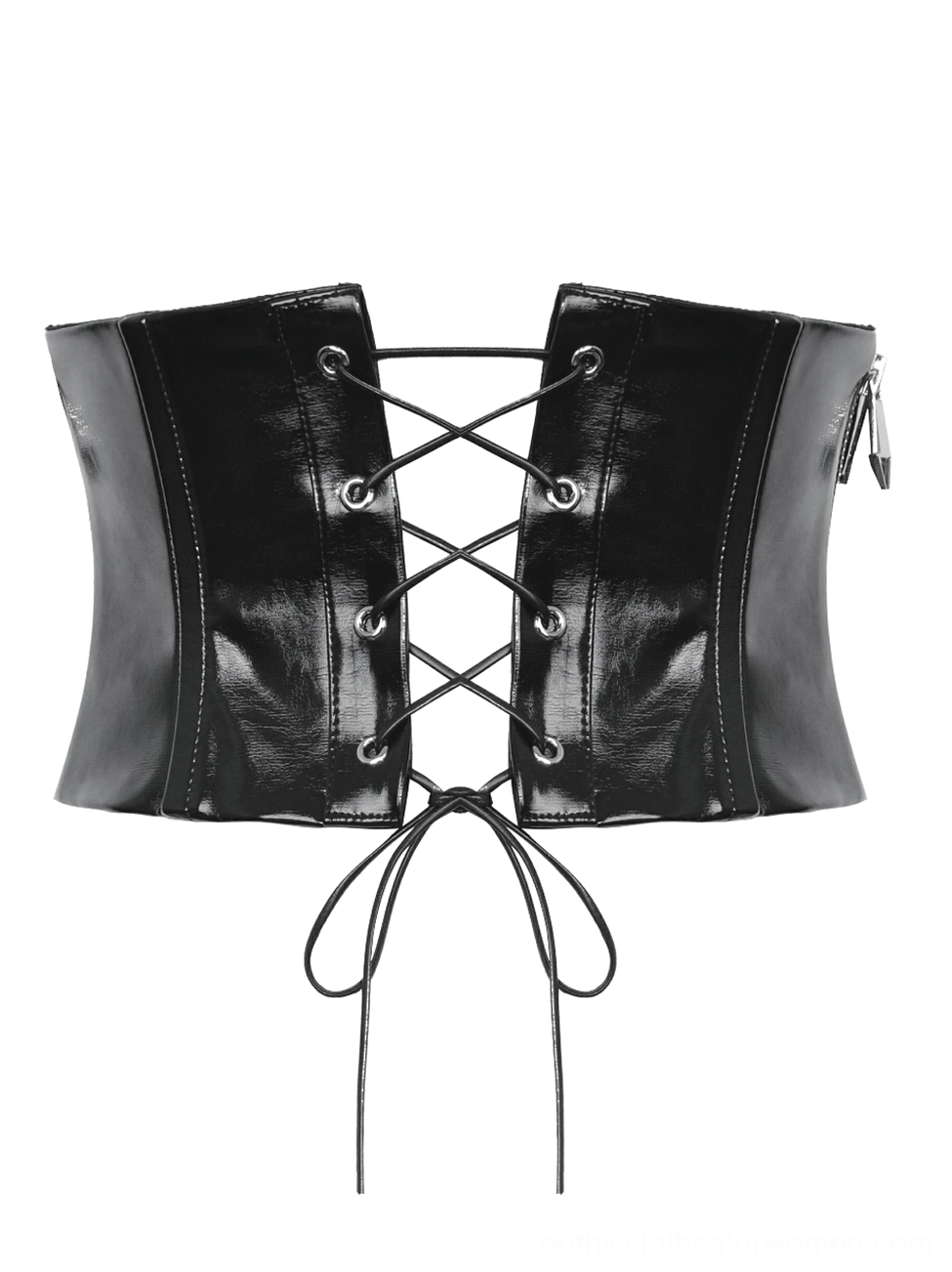 Close-up flat lay of black patent leather corset belt showcasing silver square buckles and rivets detail