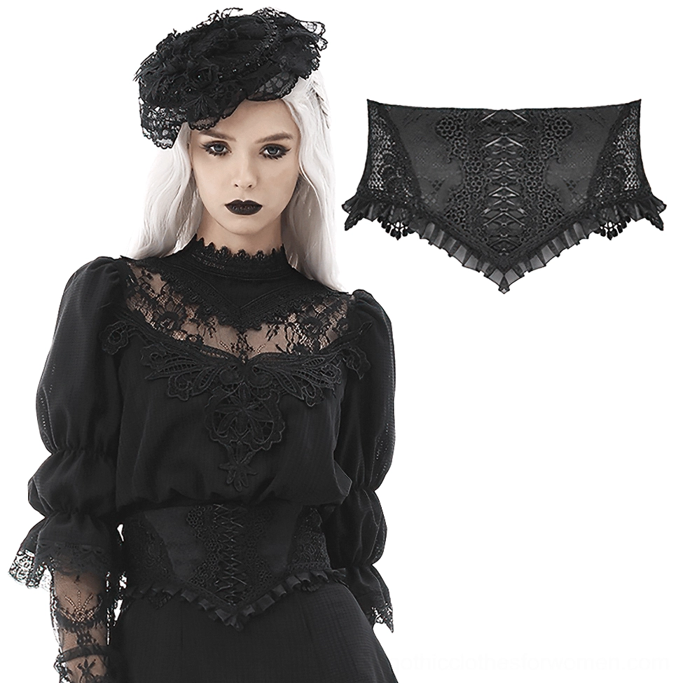 Gothic model wearing all-black ensemble with floral lace corset belt at waist, three-quarter front view with vintage aesthetic and lace hair accessory