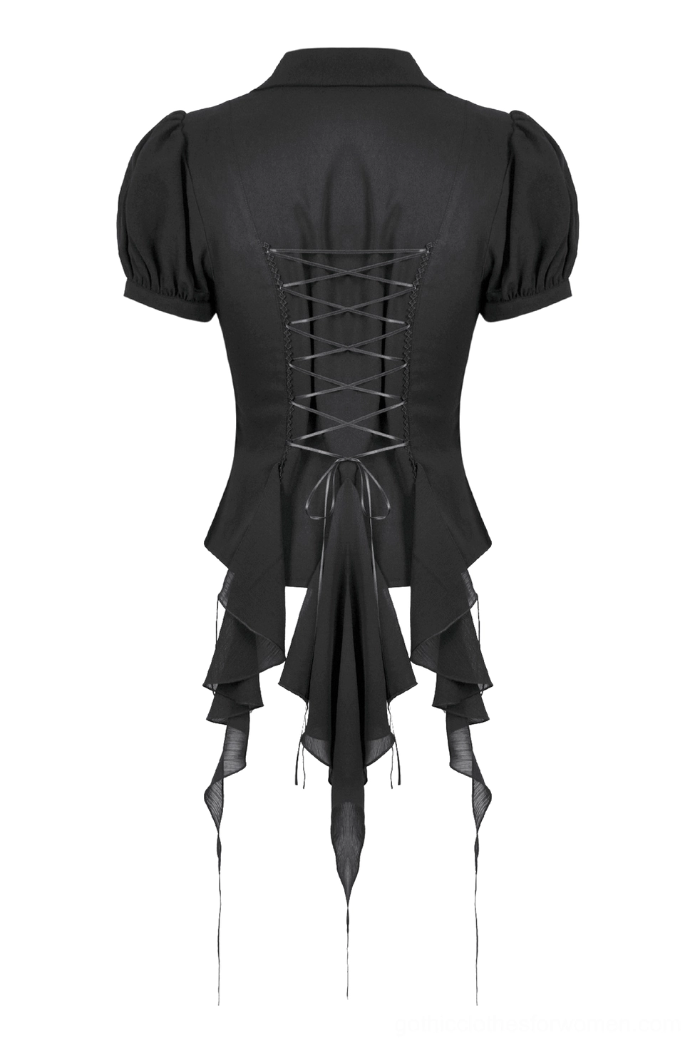 Black gothic corset blouse back flat lay showing lace-up detail and peplum ruffle