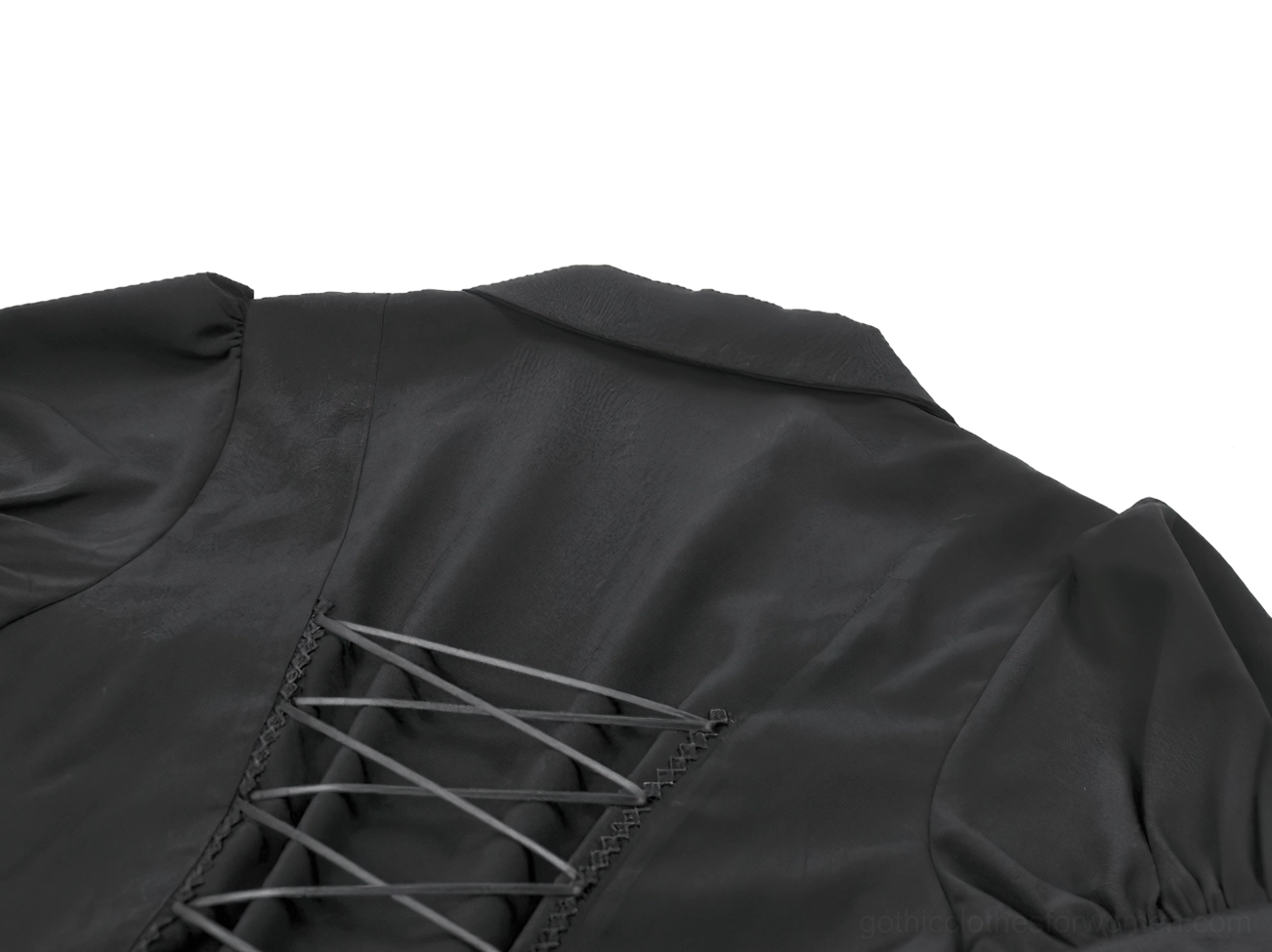 Black victorian corset blouse lace-up back detail with hook-and-eye clasp system