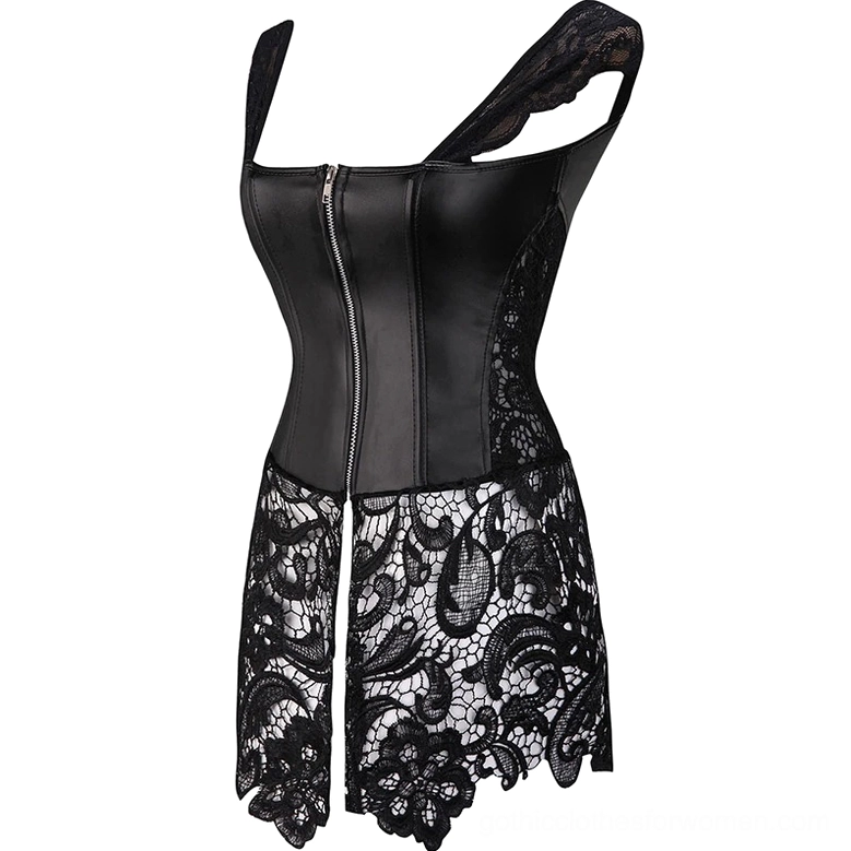 Black lace corset dress with asymmetric cap sleeves and front zipper closure, gothic style detail