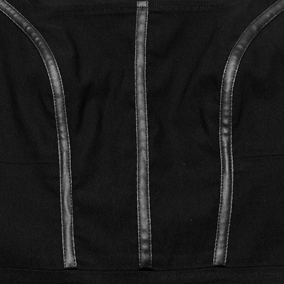 Detailed close-up of faux leather vertical trim panels on black corset mini dress bodice