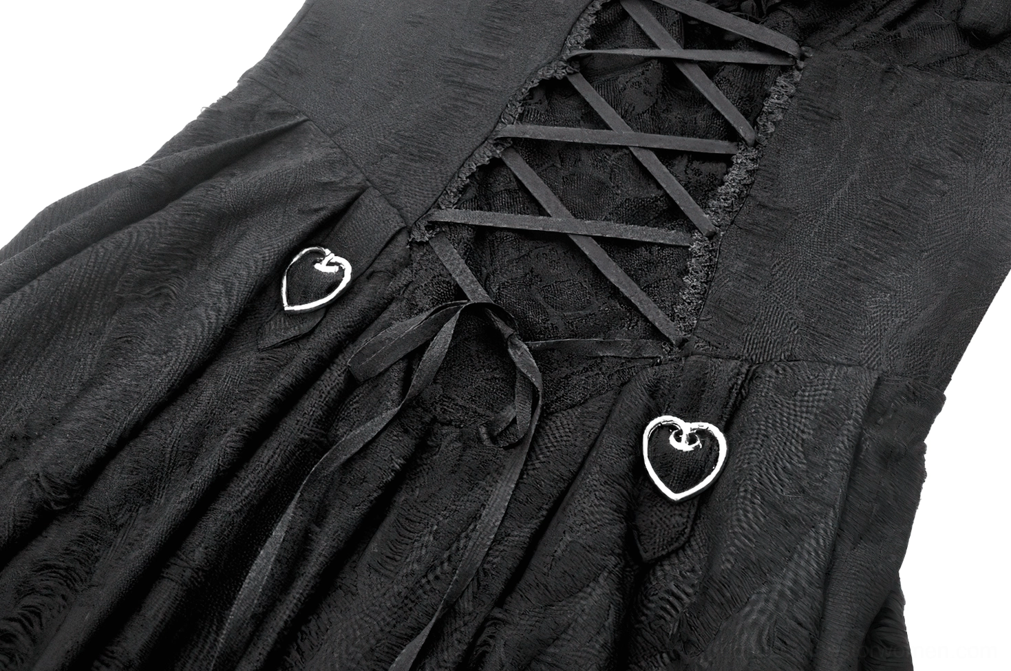 Black gothic dress front closure detail showing decorative ribbon lace-up with heart-shaped metal clips and pleated fabric