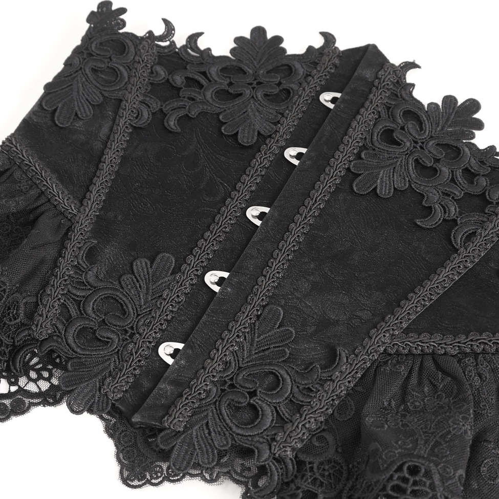 Close-up detail of black lace corset front showing ornate metal hook fasteners and intricate floral lace trim