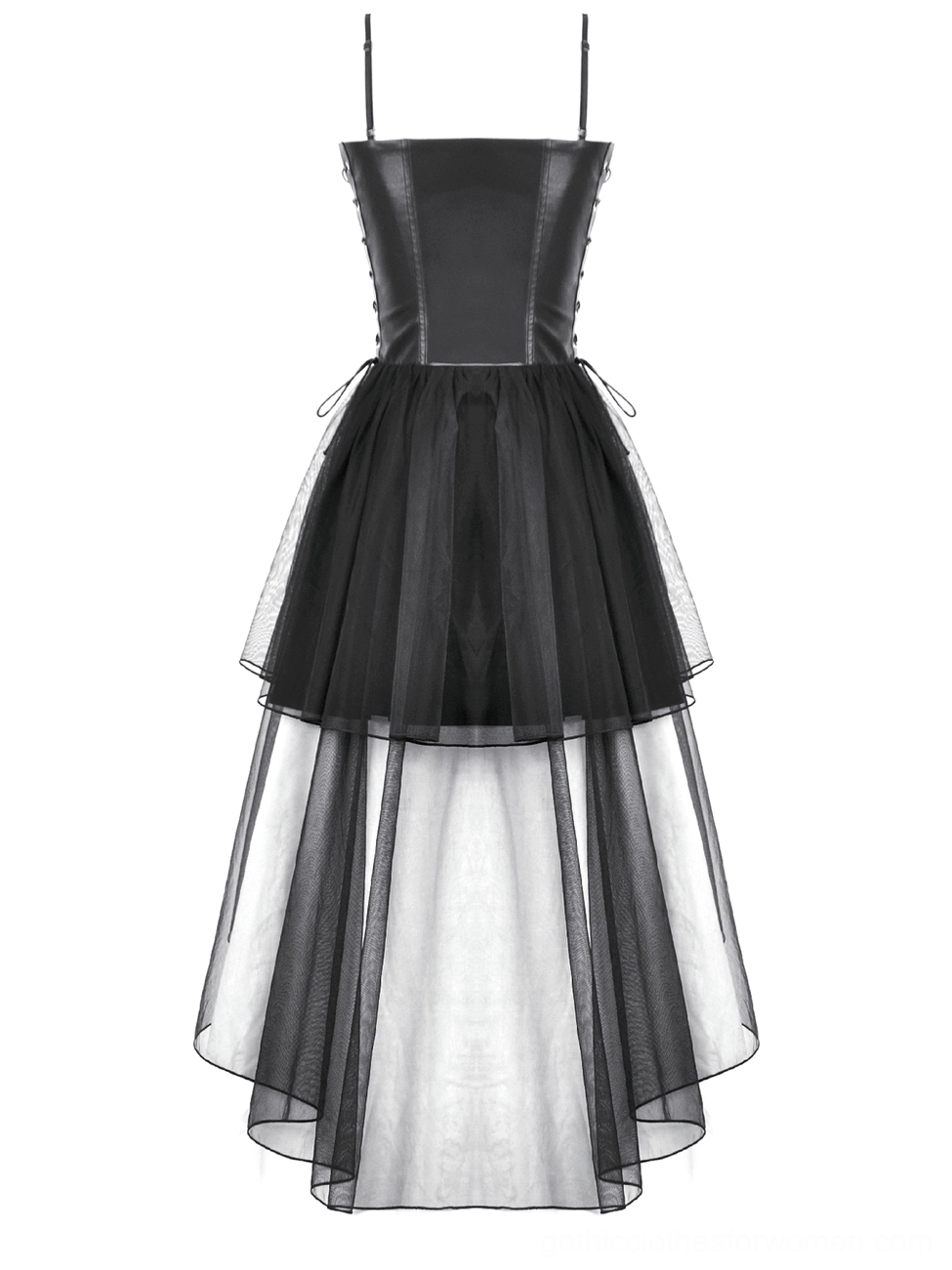 Black gothic dress back flat lay showing plain corset back design and detachable mesh layers