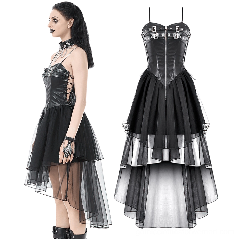 Black faux leather corset dress flat lay showing front zipper closure, lace-up side detail and tiered mesh skirt