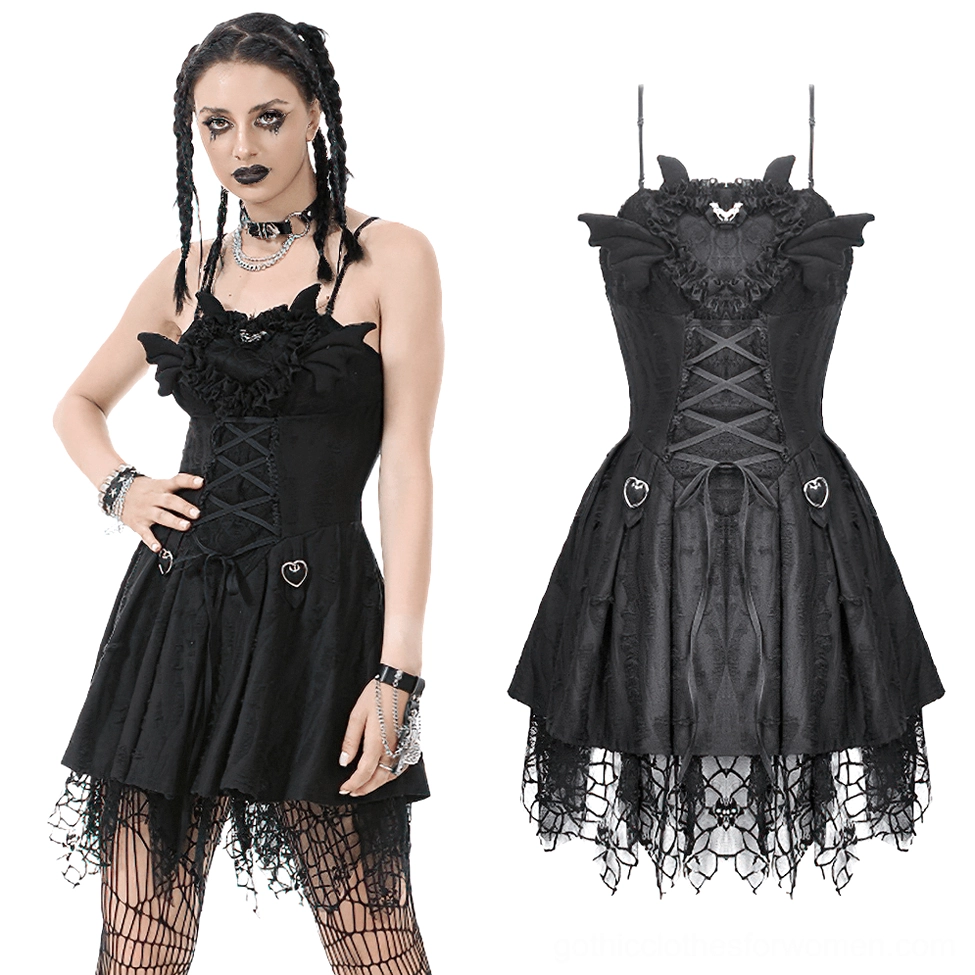 Black gothic corset dress 3/4 front angle view with bat-shaped ruffled neckline and heart clips details