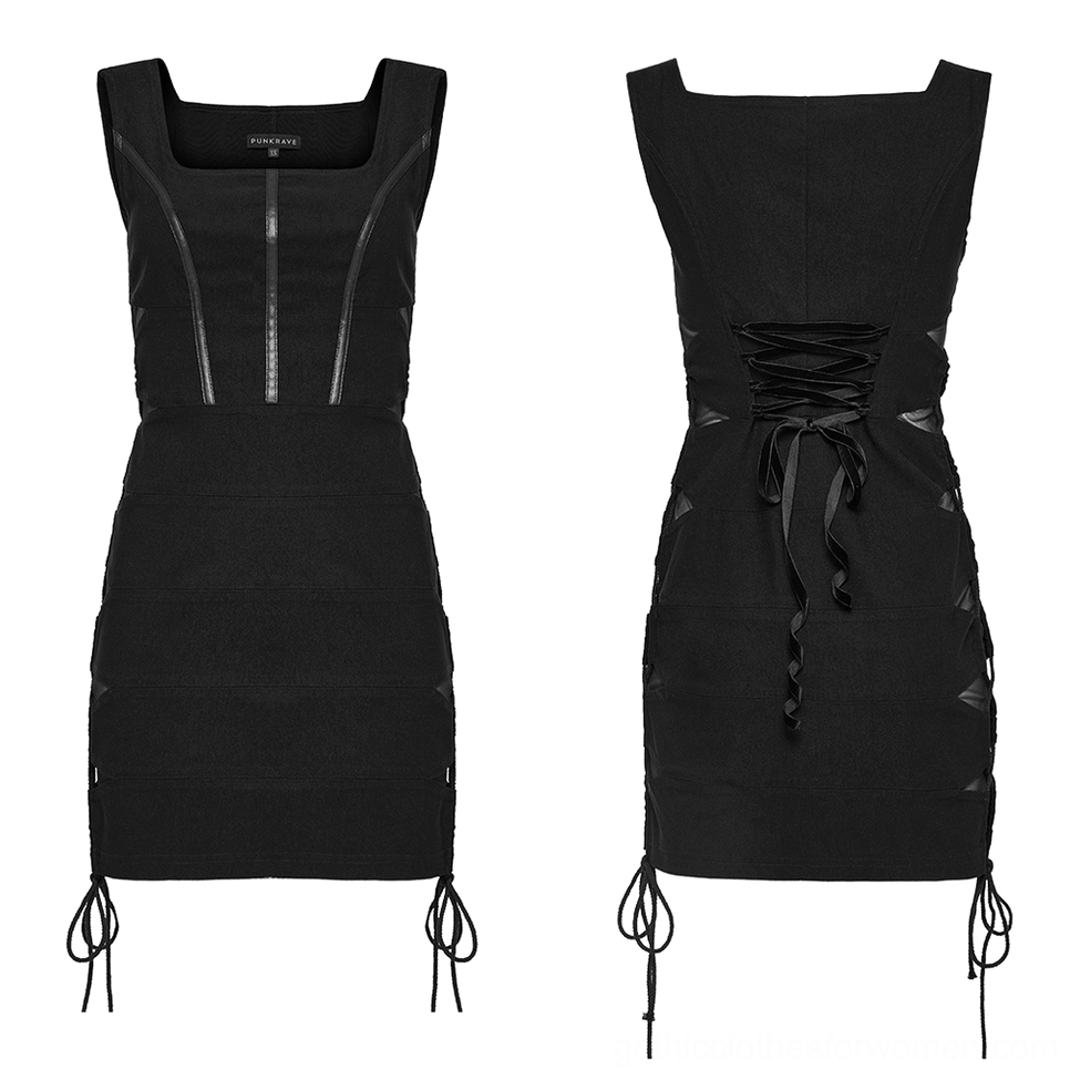 Black corset mini dress flat lay front view with square neckline, vertical leather trims, and adjustable side drawstrings