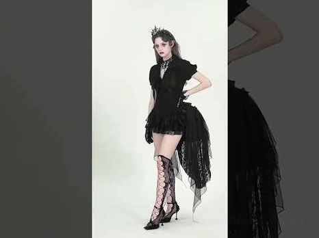 Black victorian corset blouse side profile showing layered ruffle construction