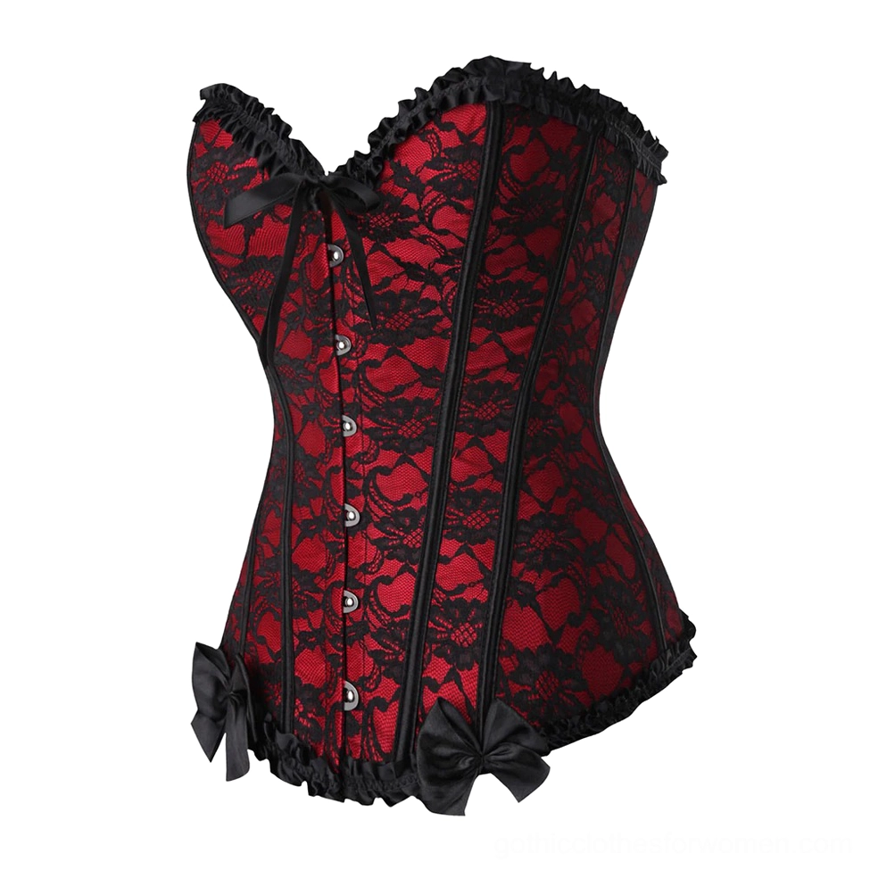 Black lace corset with ruffled neckline details, front hook fasteners, and elegant gothic styling for alternative fashion