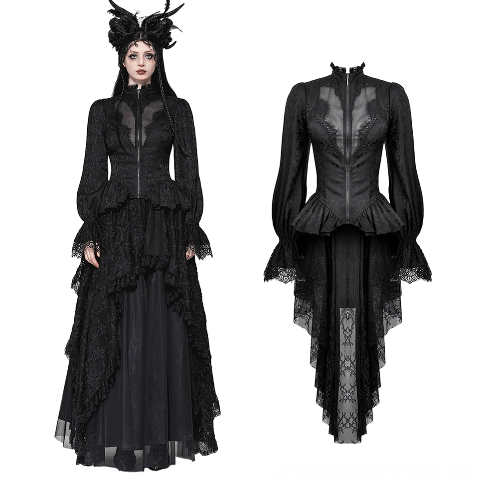 Black corset tailcoat with detachable lace train, front zip closure detail on white background