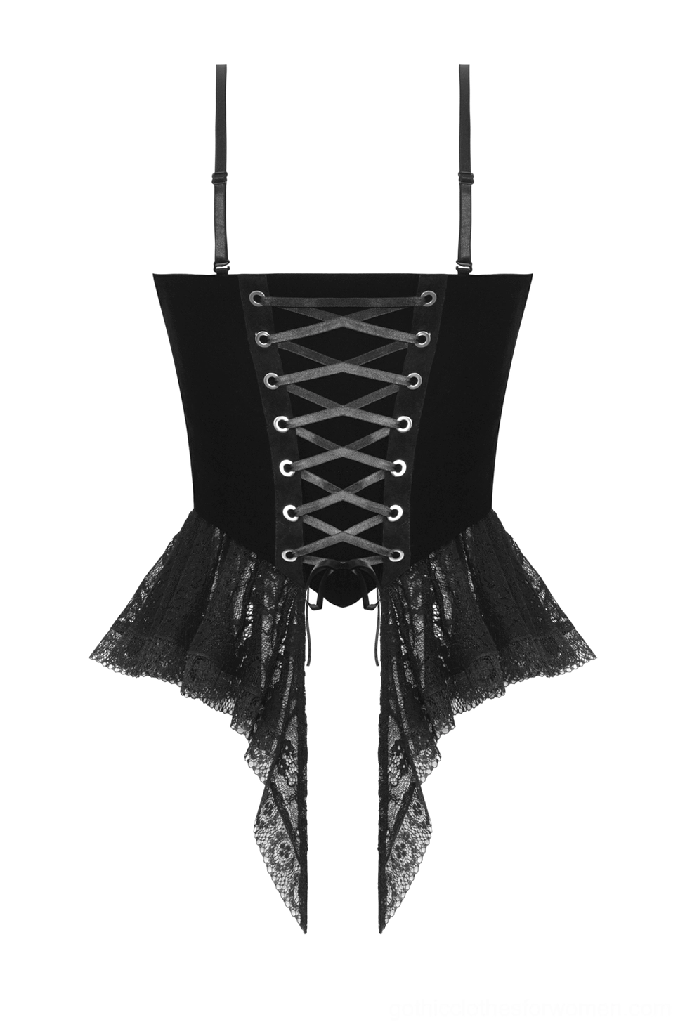 Black corset top flat lay showing adjustable straps velvet bodice and ruffled hem