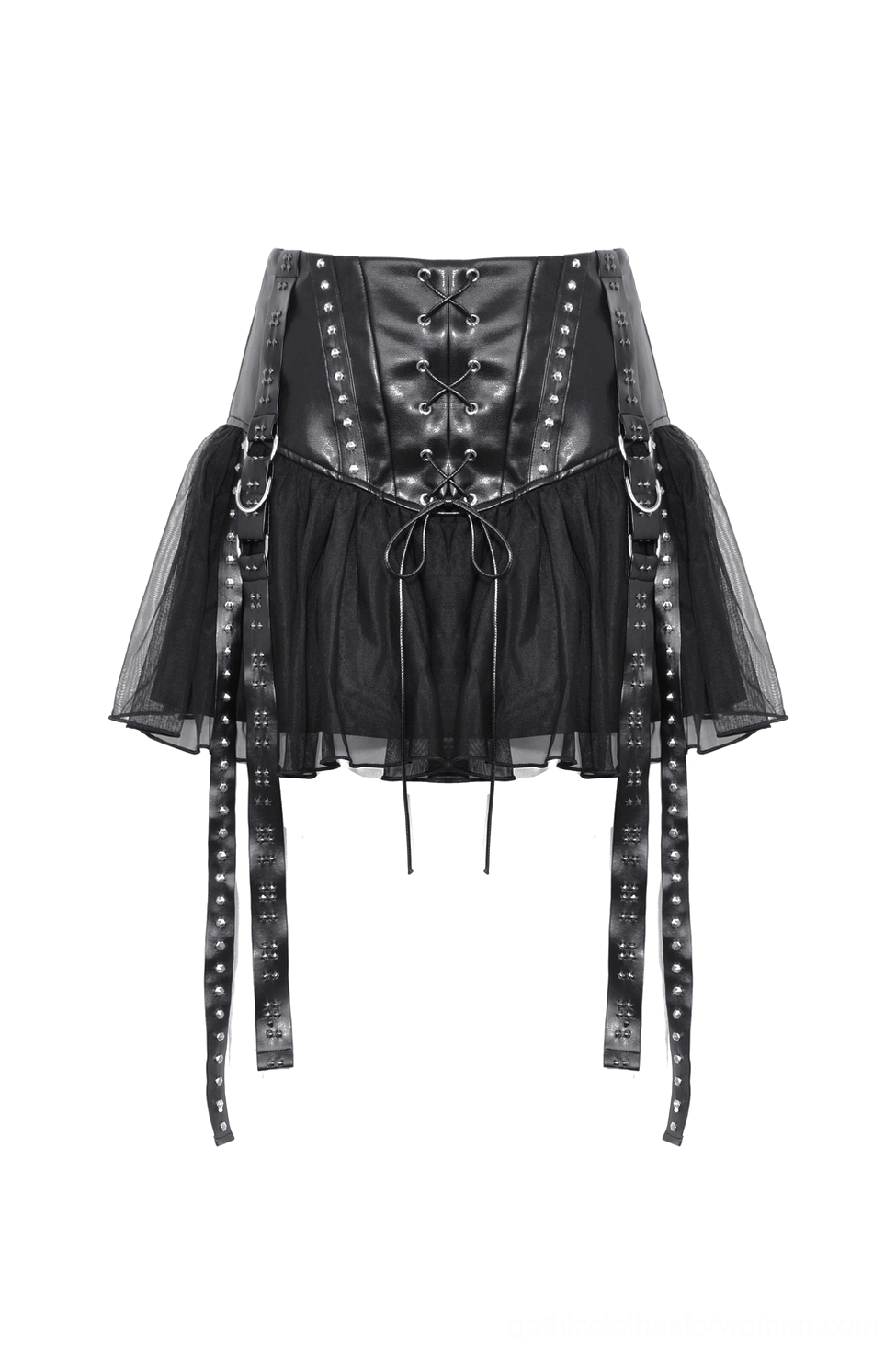 Front flat lay of black corset tulle skirt showing lace-up closure and studded decorative straps