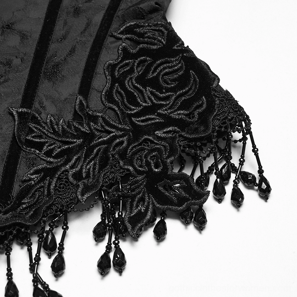 Velvet rose embroidery appliqué detail on black jacquard gothic corset with hanging bead tassels