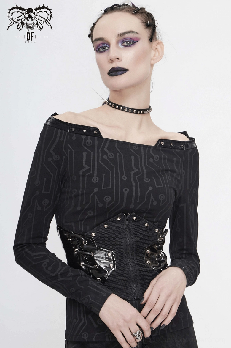 Black woven corset waist belt with silver metal rivet and patent leather accents, front three-quarter view on model with updo