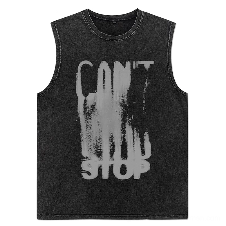 Front flat lay of black gothic tank top with faded grey distressed CAN'T STOP graphic print