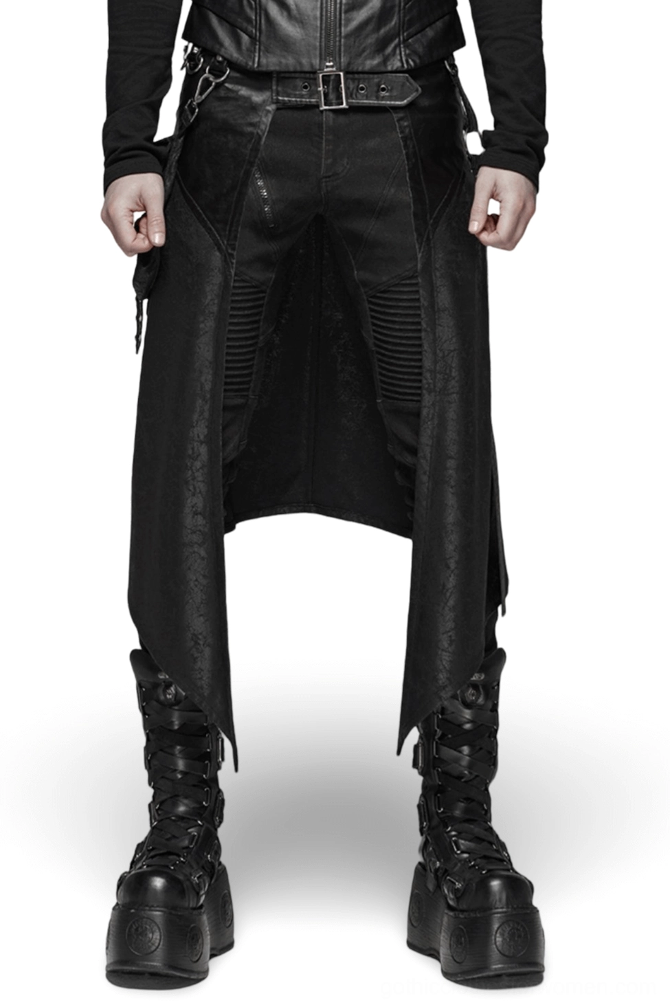 Black cracked leather dieselpunk half kilt skirt for men - front full-body view showing asymmetrical high-low hemline and open front design