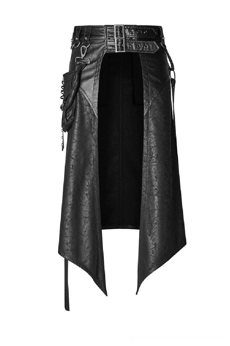 Cracked faux leather dieselpunk skirt front flat lay - featuring wide metal buckle waist belt and open front silhouette