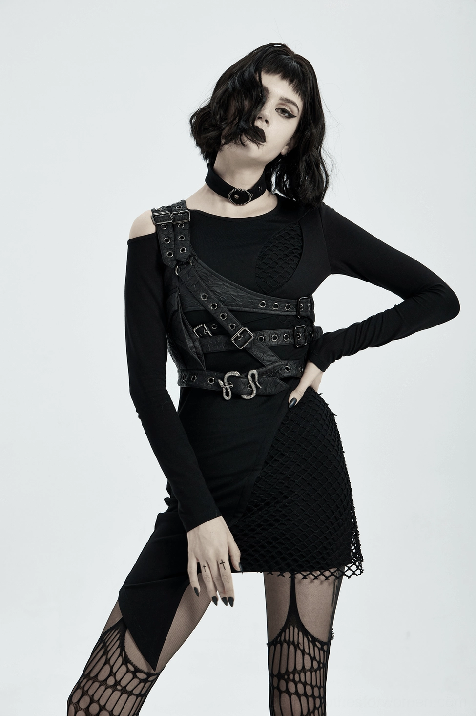Black crinkled leather shoulder harness with metal accents showcasing alternative fashion style and industrial aesthetic