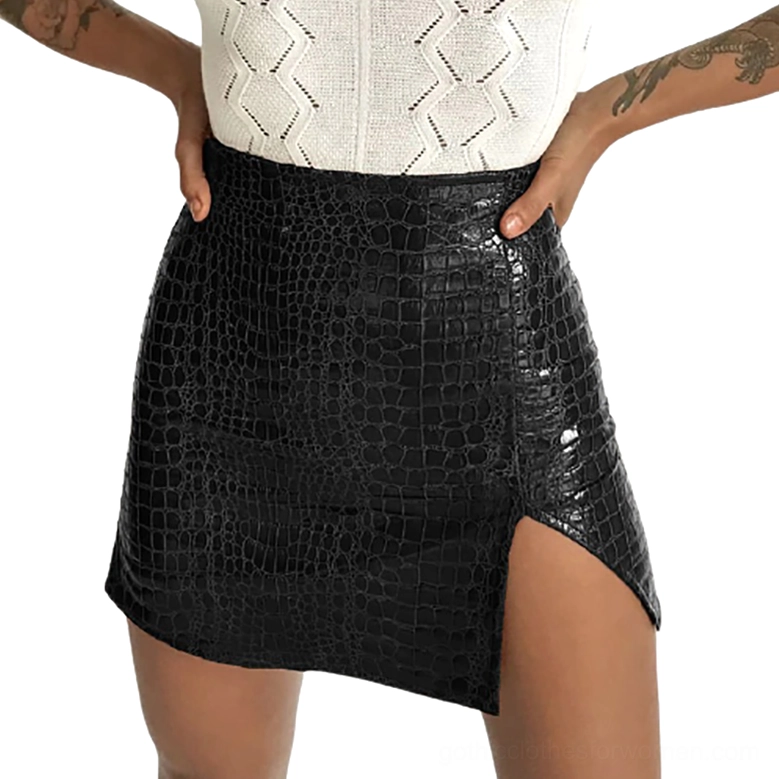 Black crocodile PU leather high-waist gothic mini skirt with side slit, worn by tattooed model, front body view