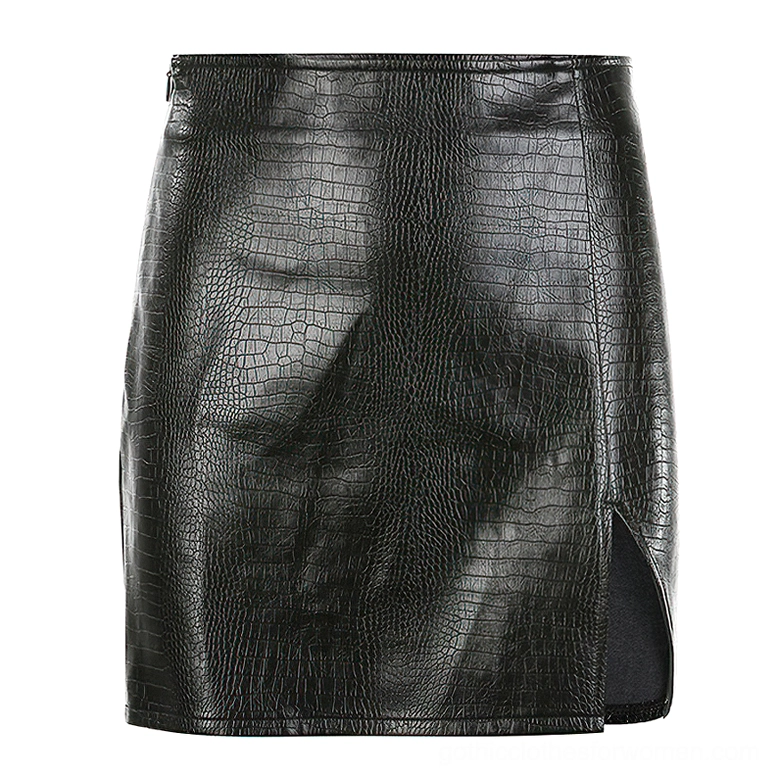 Black crocodile texture PU leather pencil skirt on mannequin, high waist with hidden side zipper, front flat lay